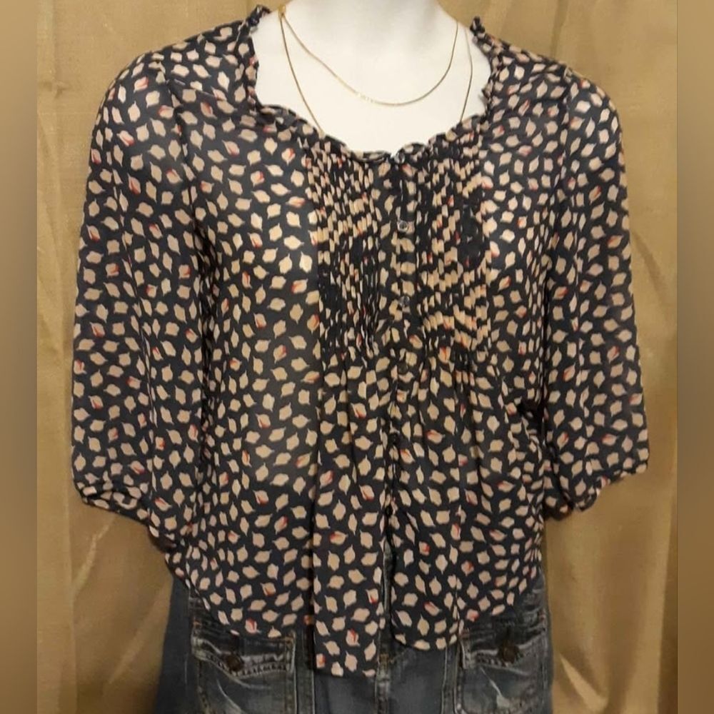 Old Navy Blouse Womens Small Navy Blue Sheer Flowy Leaf Patteren Half Sleeve